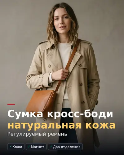Карточка товара «Сумка кросс-боди из натуральной кожи» — коричневая сумка на кресле, регулируемый ремень