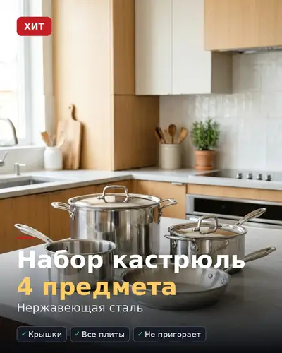 Карточка товара «Набор кастрюль 4 предмета» — нержавеющая сталь на кухонном столе, бейдж «ХИТ»