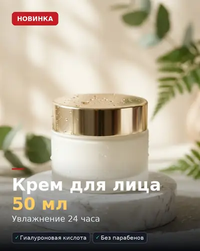 Карточка товара «Крем для лица 50 мл» — банка на мраморе, бейдж «НОВИНКА», гиалуроновая кислота