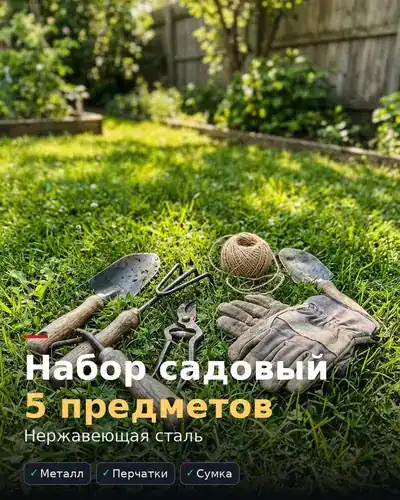 Карточка товара «Набор садовый, 5 предметов» — инструменты и перчатки на траве