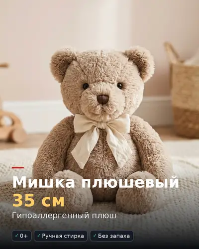 Карточка товара «Мишка плюшевый 35 см» — игрушка на пастельном фоне, гипоаллергенный плюш, 0+