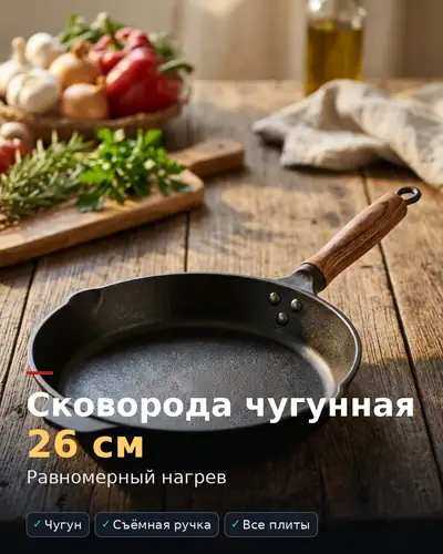 Карточка товара «Сковорода чугунная 26 см» — чугунная сковорода на деревянном столе, равномерный нагрев