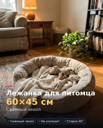 Карточка товара «Лежанка для питомца 60×45 см» — уютная лежанка с пледом и игрушкой