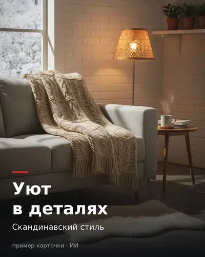 Слайд карточки пледа — заголовок «Уют в деталях», скандинавский стиль