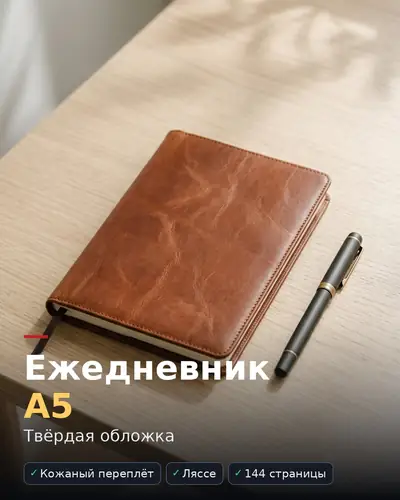 Карточка товара «Ежедневник А5» — кожаный ежедневник и ручка на светлом столе