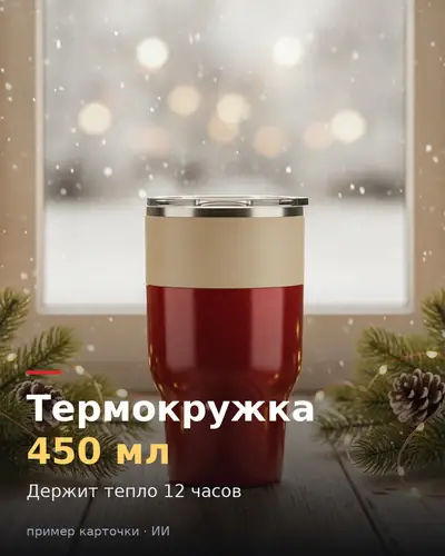 Карточка товара «Термокружка 450 мл» для Wildberries — зимний фон, держит тепло 12 часов