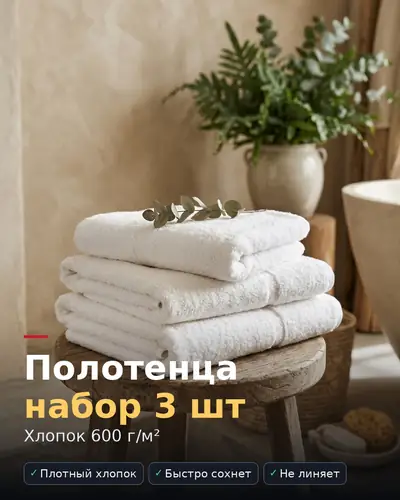 Карточка товара «Полотенца, набор 3 шт» — белые полотенца на деревянной табуретке, хлопок 600 г/м²